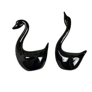 Vintage Crowning Touch Black Glass Swan Figurines Pair Taiwan ROC 1980s Decor